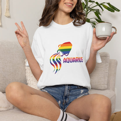 Aquarius zodiac shirt with pouring waves rainbow motif