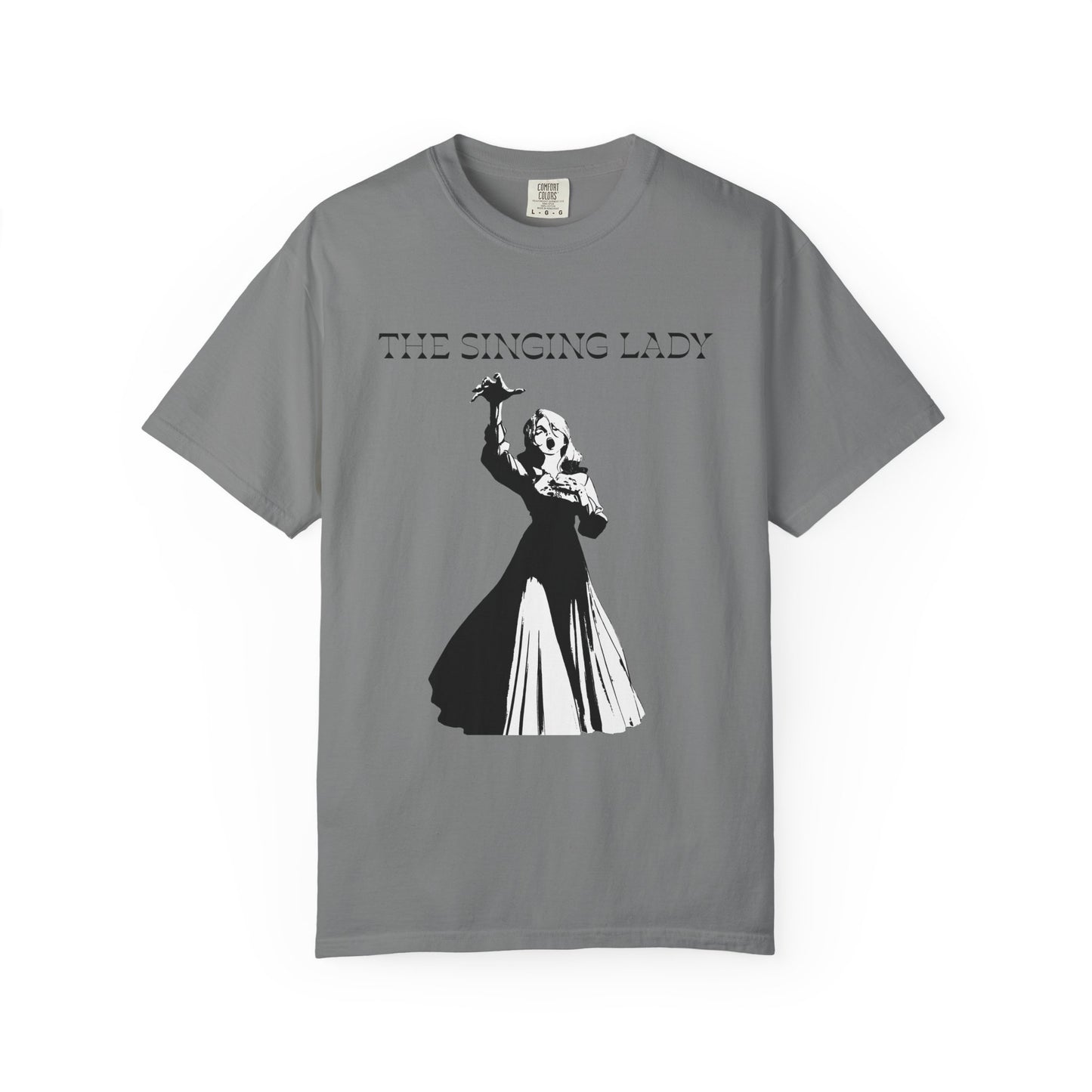 Aria tee close up showing the dramatic operatic figure print detail
