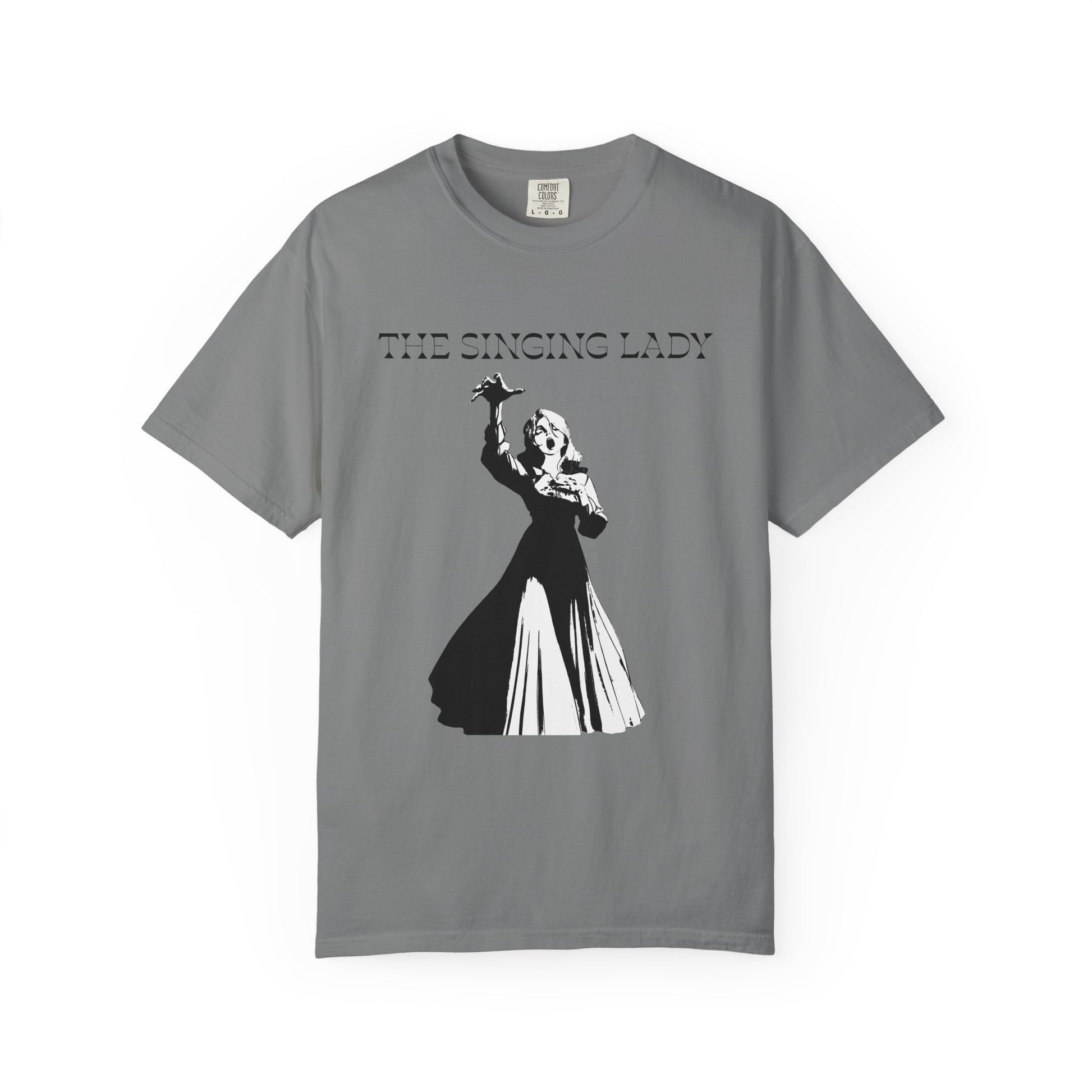 Aria tee close up showing the dramatic operatic figure print detail
