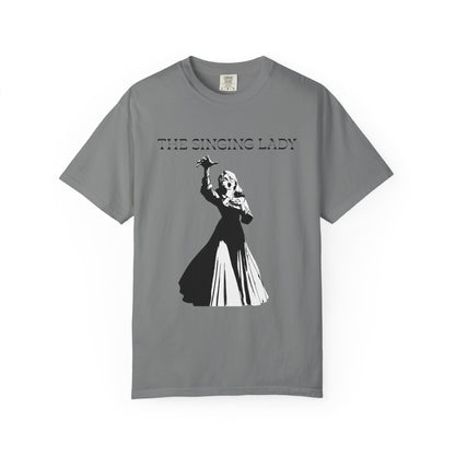 Aria tee close up showing the dramatic operatic figure print detail
