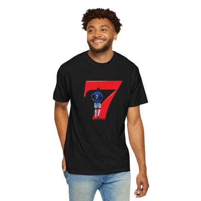 Arms-out footballer celebration pose on retro garment-dyed graphic tee