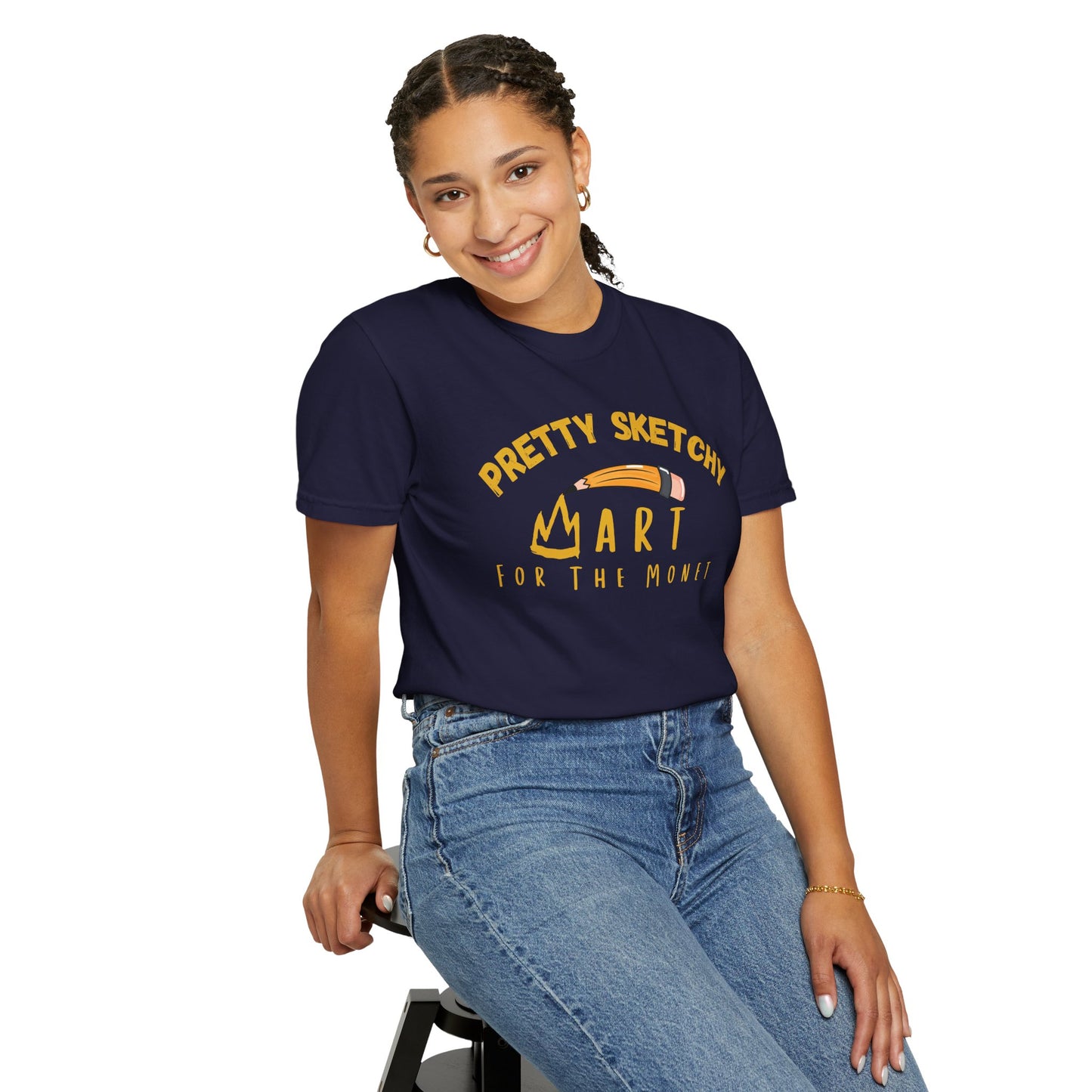 Art pun shirt worn by teacher in classroom setting