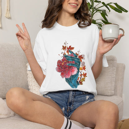 Artful botanical illustration printed on a high-quality, durable 6.1 oz cotton tee.