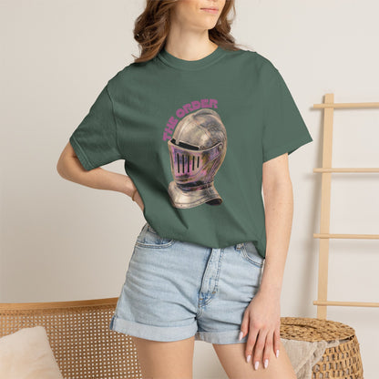 Arthurian knight inspired graphic tee front print detail on Comfort Colors blank
