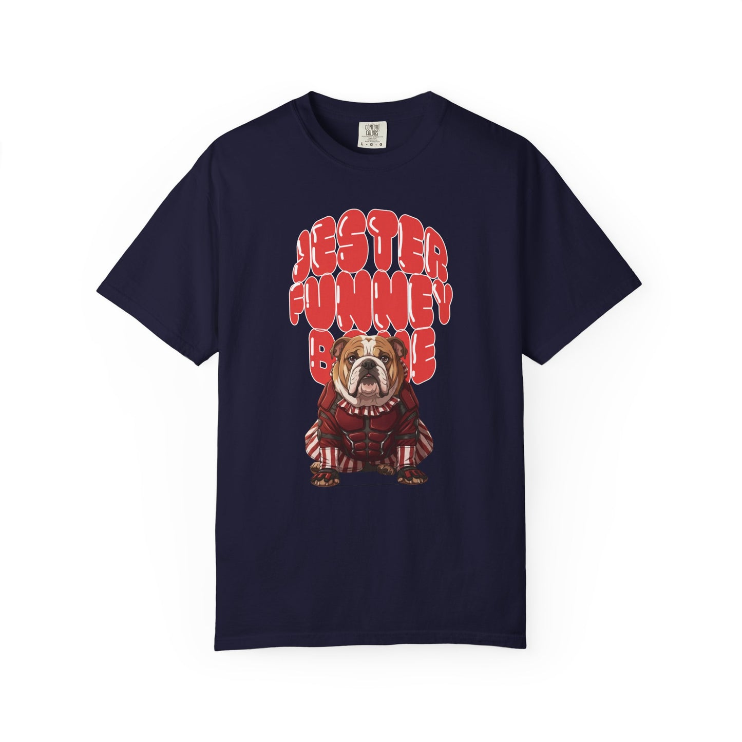 Artistic graphic tee of a dog dressed as a jester, vintage aesthetic.