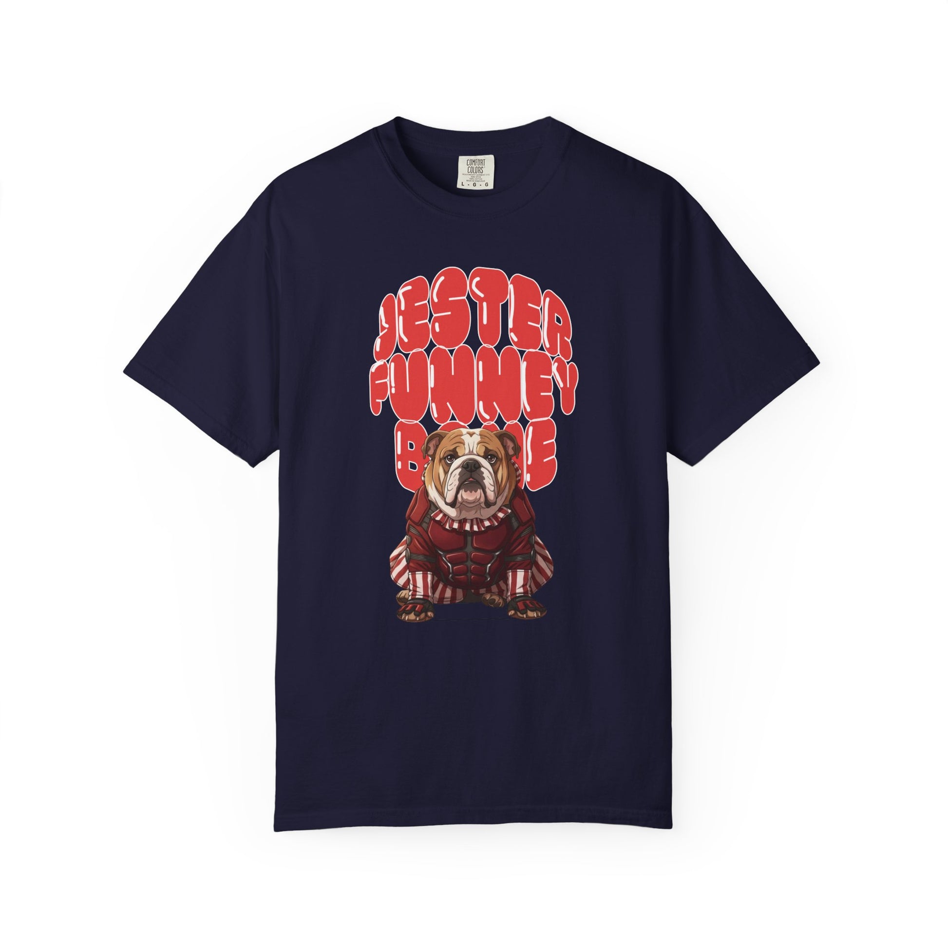 Artistic graphic tee of a dog dressed as a jester, vintage aesthetic.