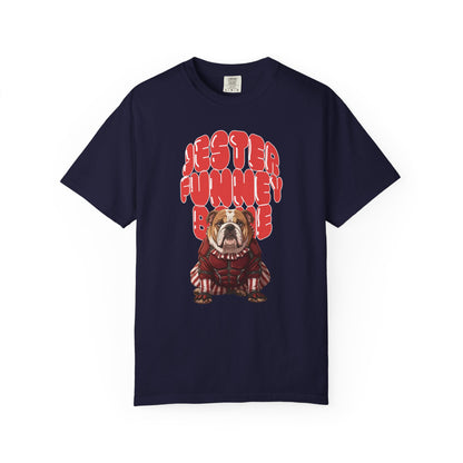 Artistic graphic tee of a dog dressed as a jester, vintage aesthetic.