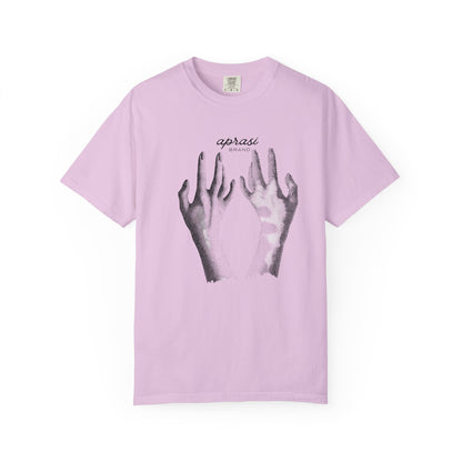 Artsy unisex tee styled with raw denim editorial gallery aesthetic
