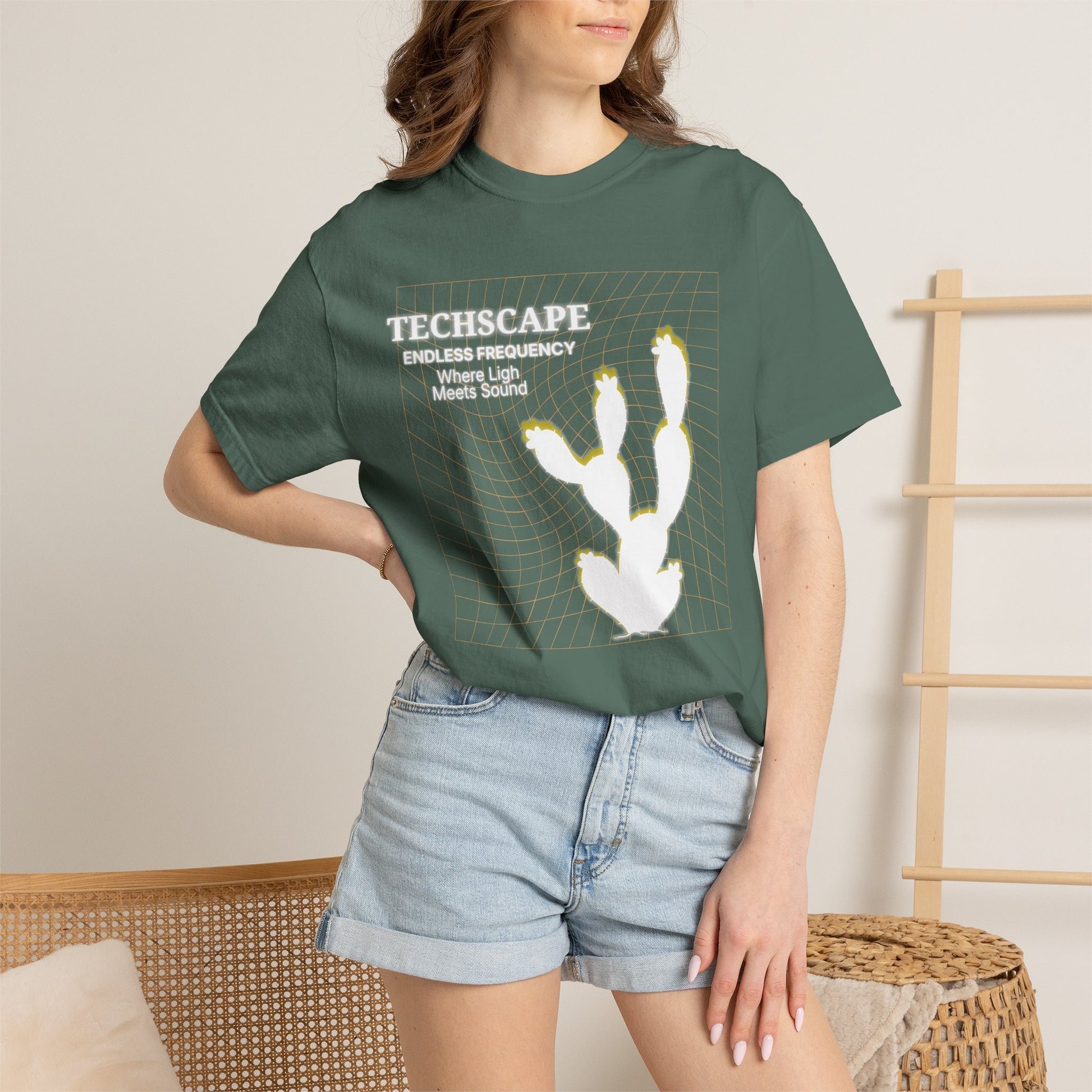 Atmospheric electronic music top with desert silhouette graphic, rear view