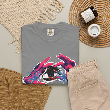 Avant garde tee flat lay presenting size range S to 3XL