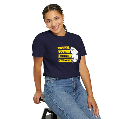 Awkward people shirt clueless cartoon character print close up detail
