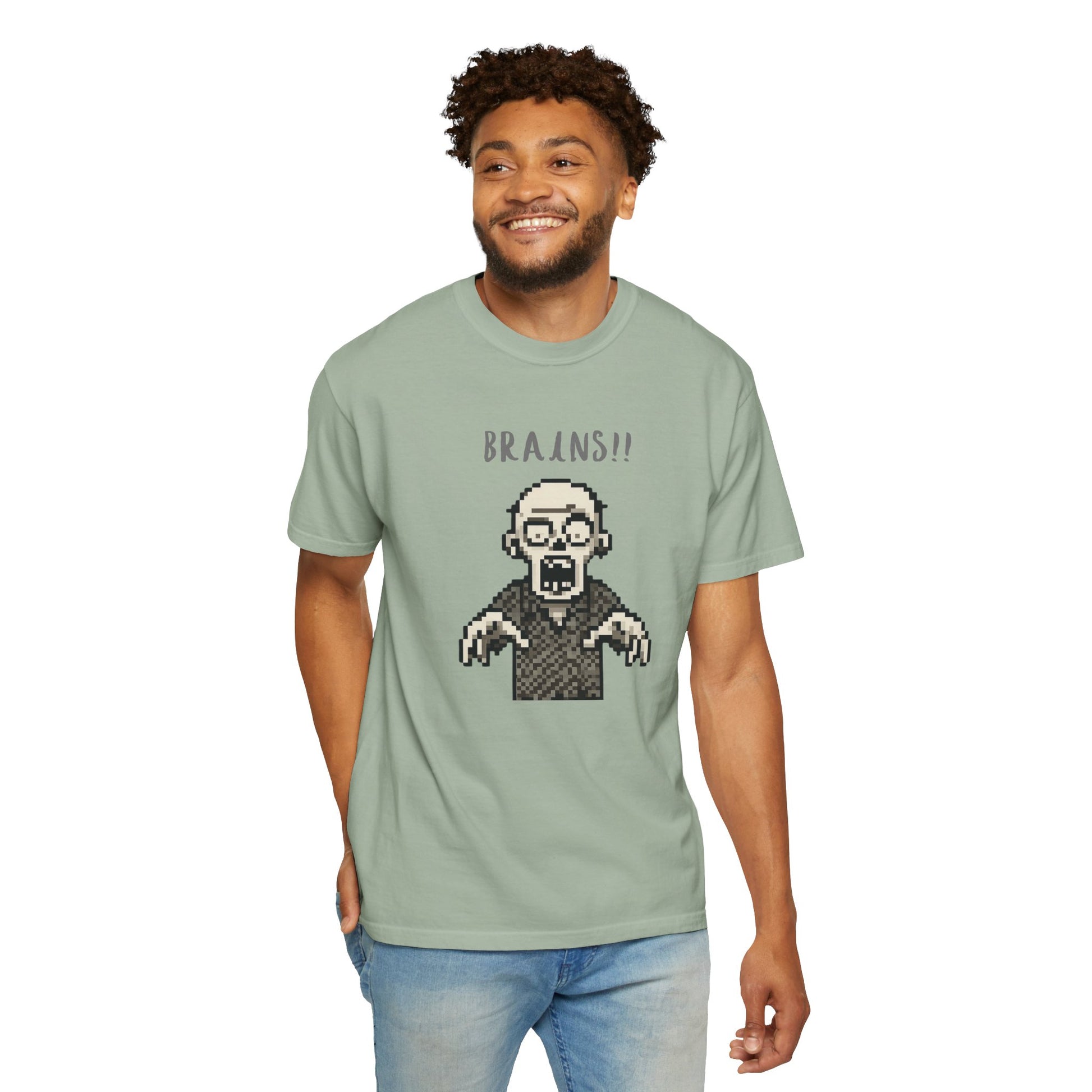 BRAINS zombie pixel art graphic tee.