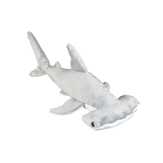 Baby 33cm hammerhead shark stuffed plushie soft gray front view white background
