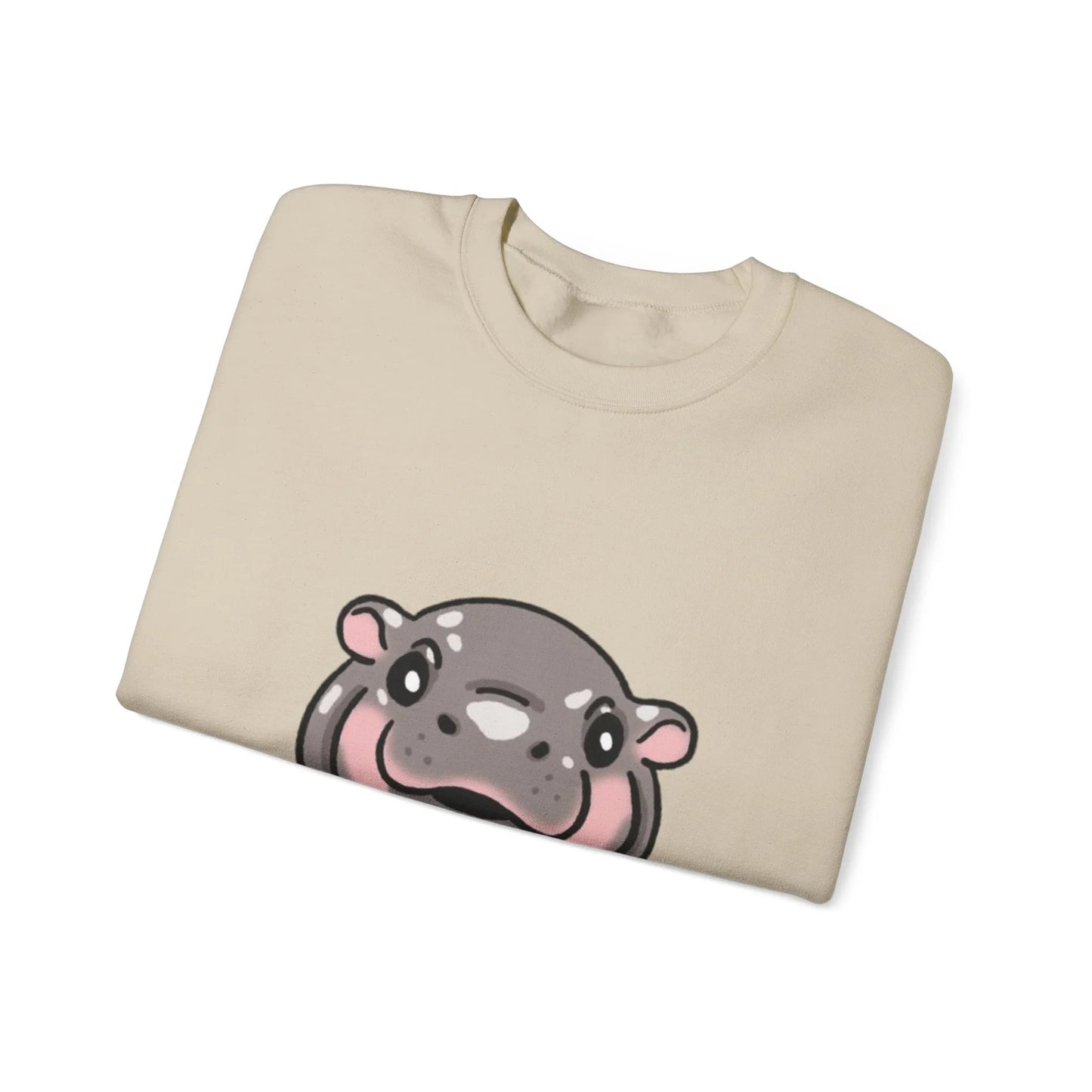 Baby pygmy hippo graphic crewneck sweatshirt size 2XL flat lay
