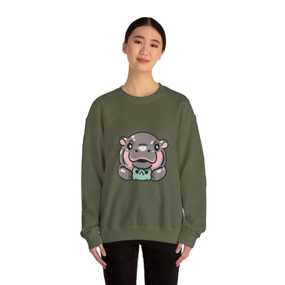 Baby pygmy hippo graphic crewneck sweatshirt size L flat lay
