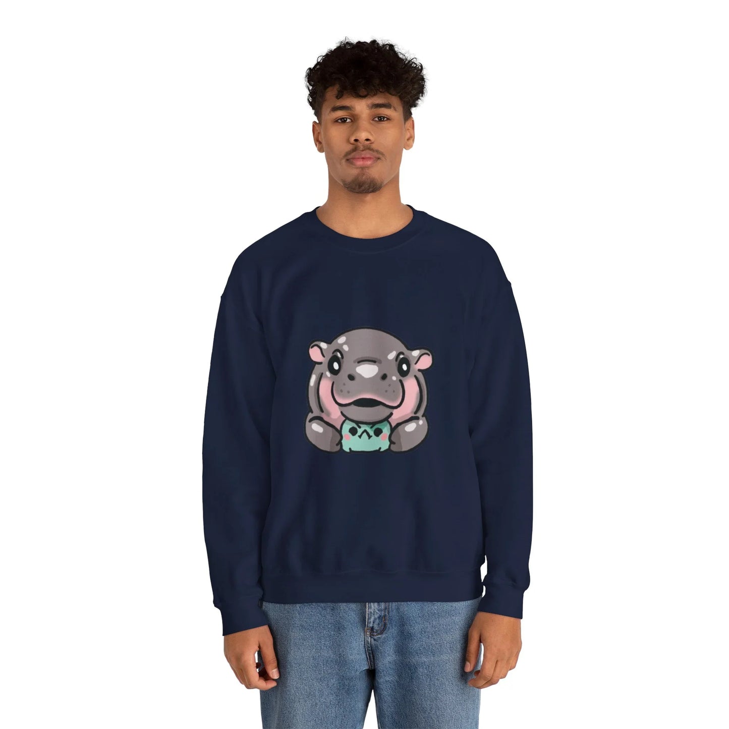 Baby pygmy hippo graphic crewneck sweatshirt size S flat lay
