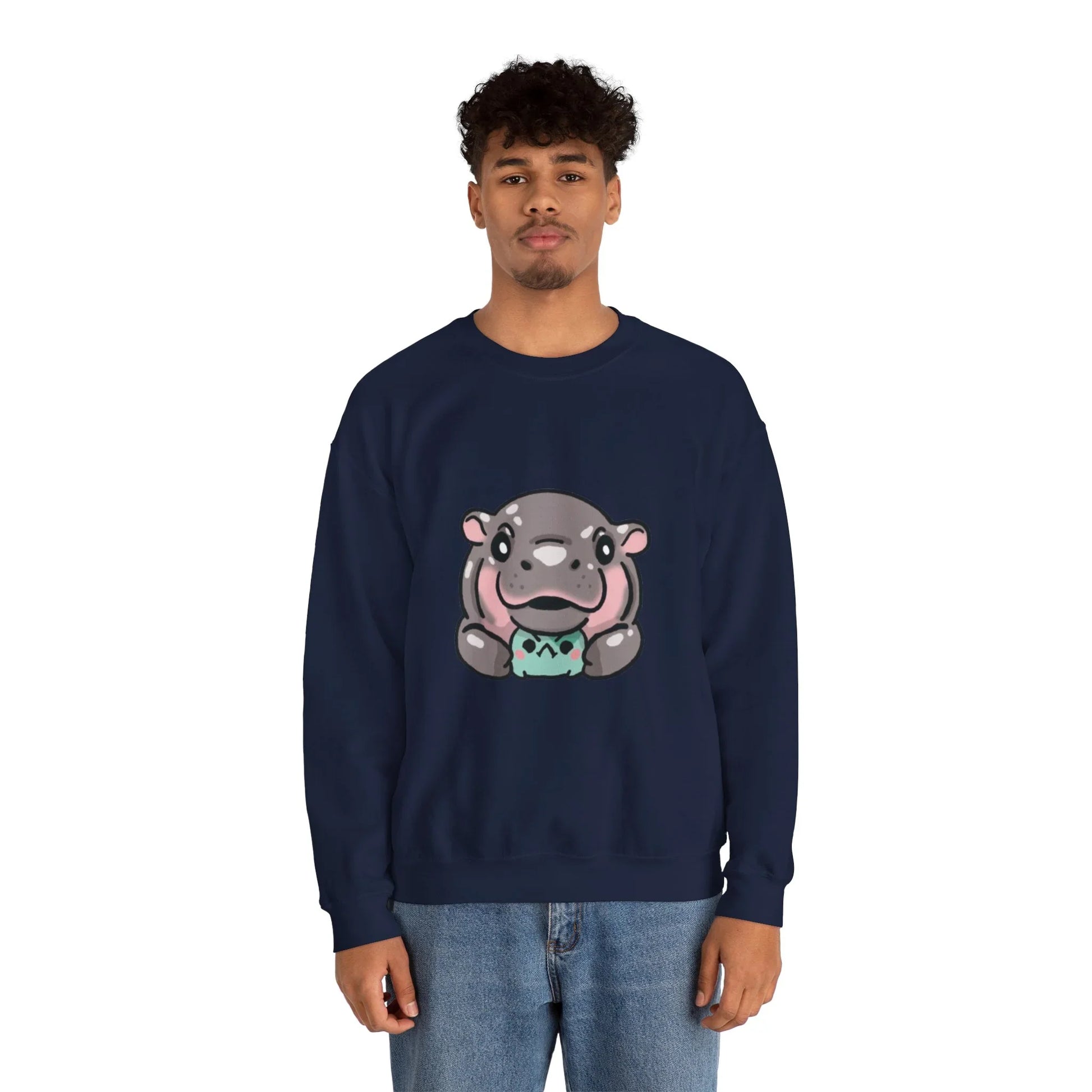 Baby pygmy hippo graphic crewneck sweatshirt size S flat lay
