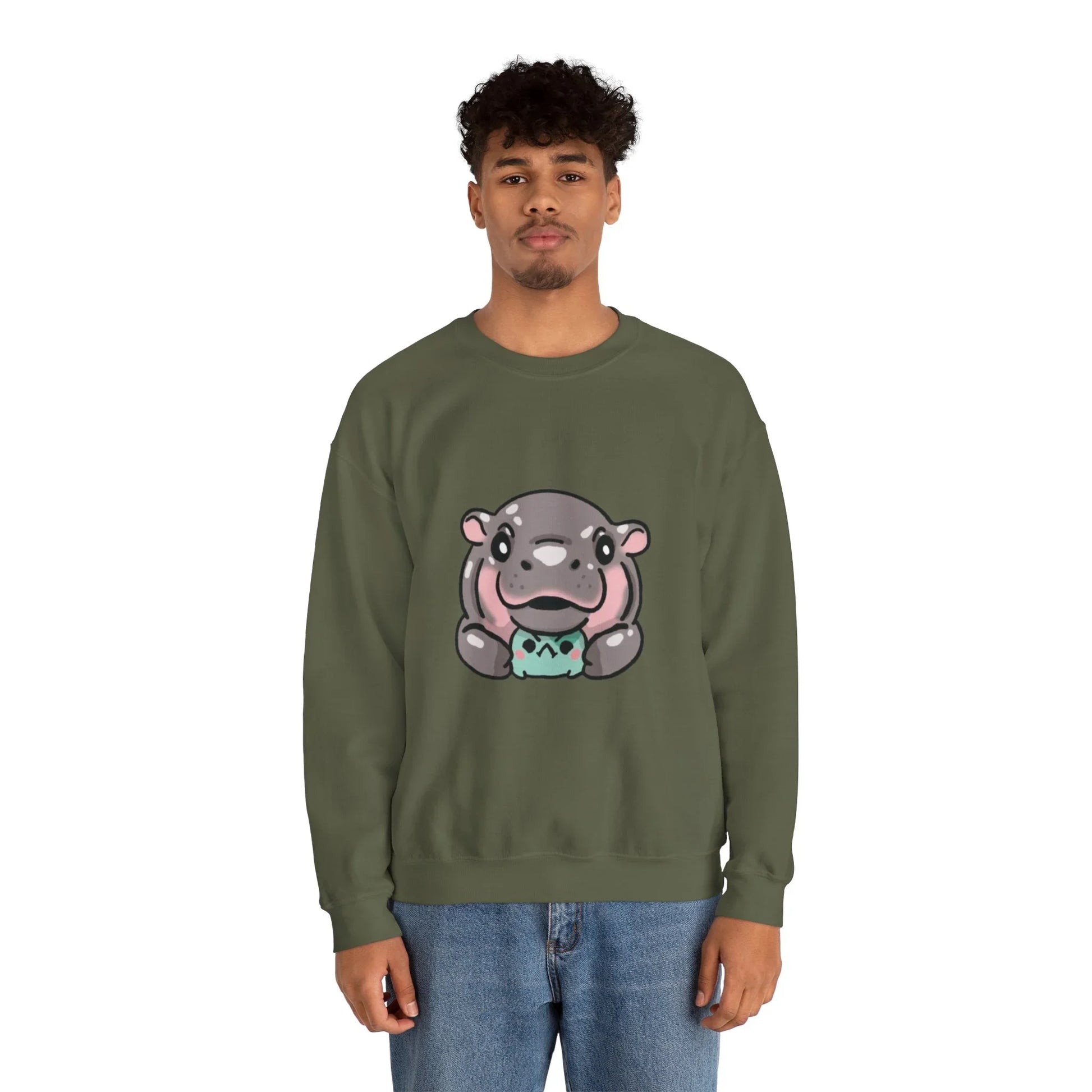Baby pygmy hippo graphic crewneck sweatshirt size XL flat lay

