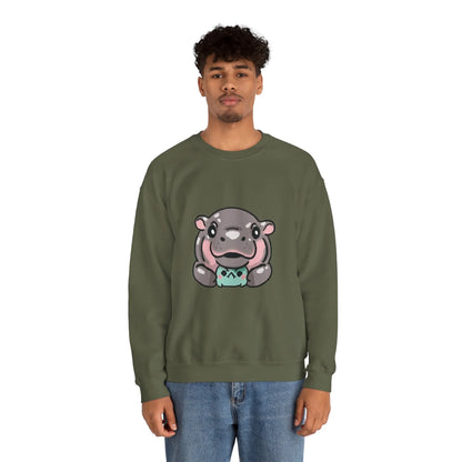 Baby pygmy hippo graphic crewneck sweatshirt size XL flat lay
