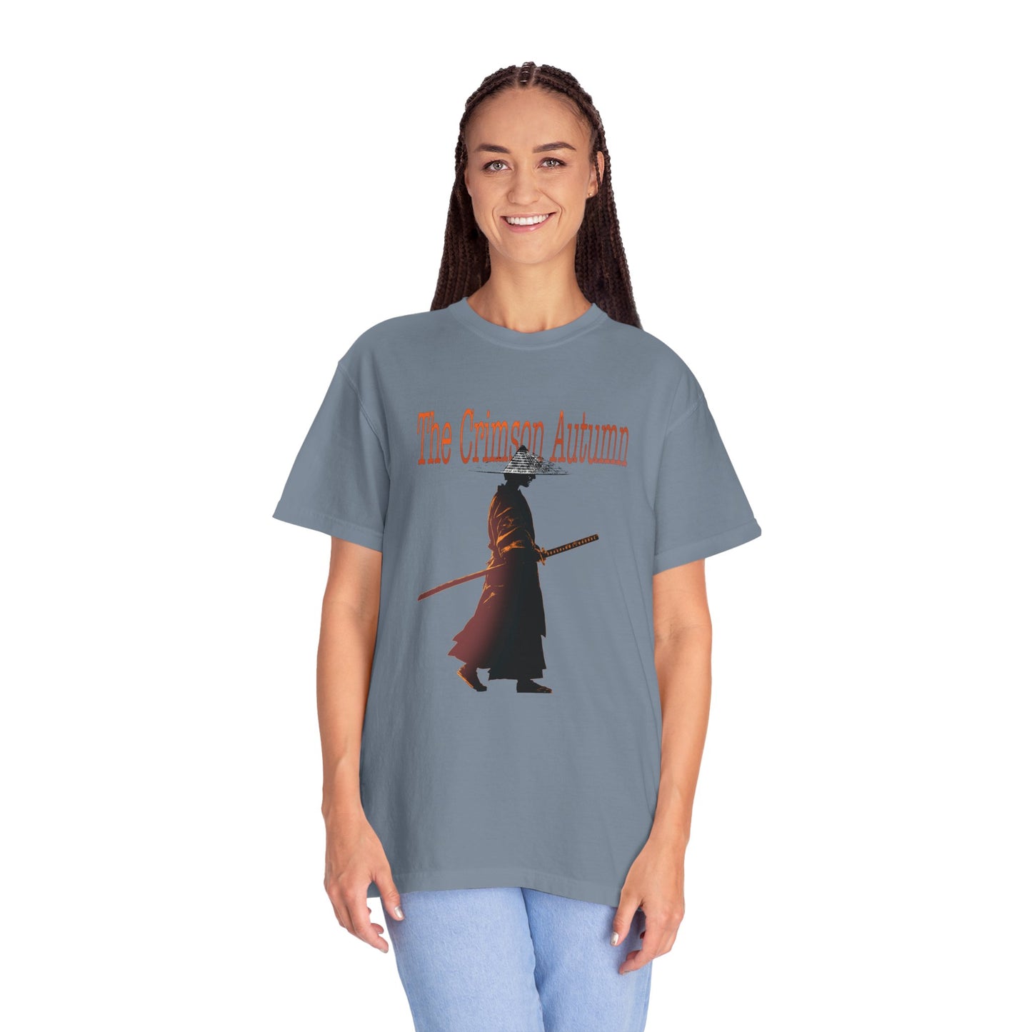Back view of Crimson Autumn Samurai Tee heavyweight ring spun cotton graphic shirt with garment dyed finish and relaxed tubular knit construction