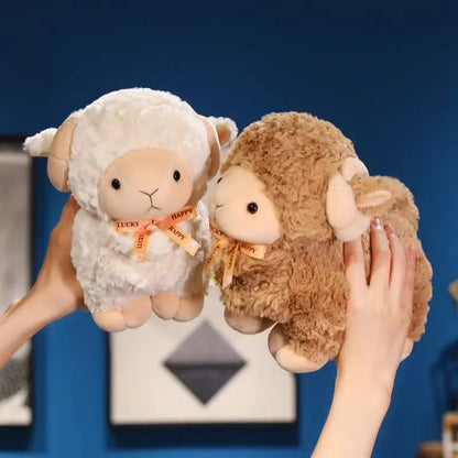 Back view of curly wool sheep plushie showing full body detail