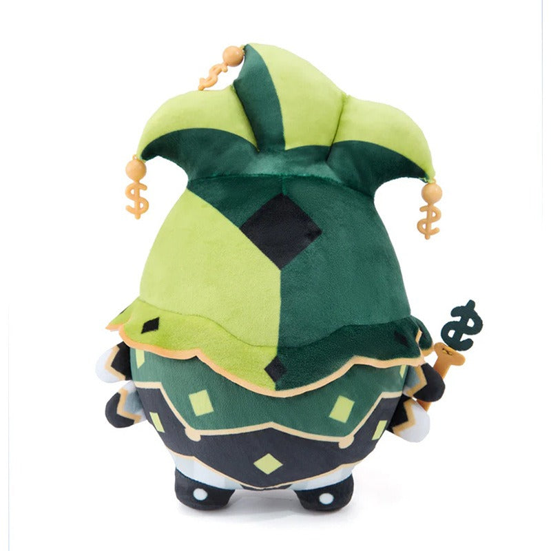 Back view of handmade Mammon plush showing four arms and jester cap details
