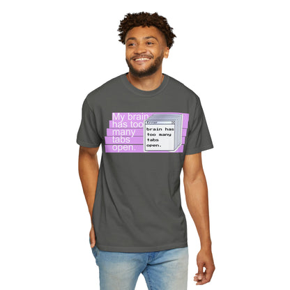 Back view of neurodivergent apparel graphic tee, tubular construction detail
