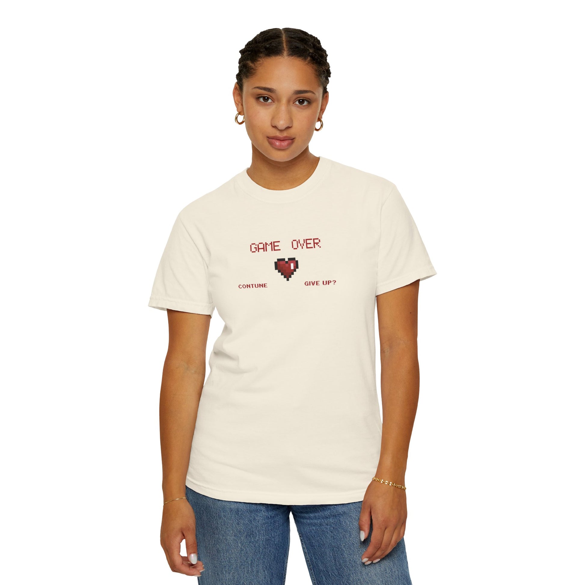 Back view of pixel printed unisex tee showing clean tubular knit construction with no side seams

