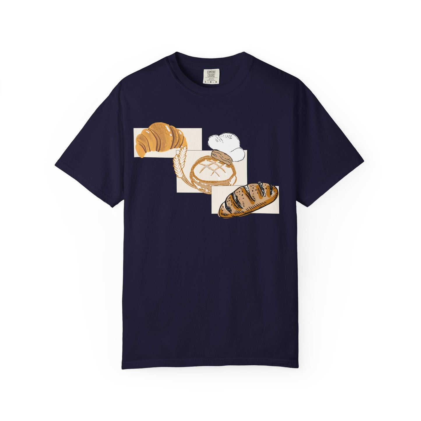 Baker gift t-shirt with artistic bread collage including baguettes and wheat stalks