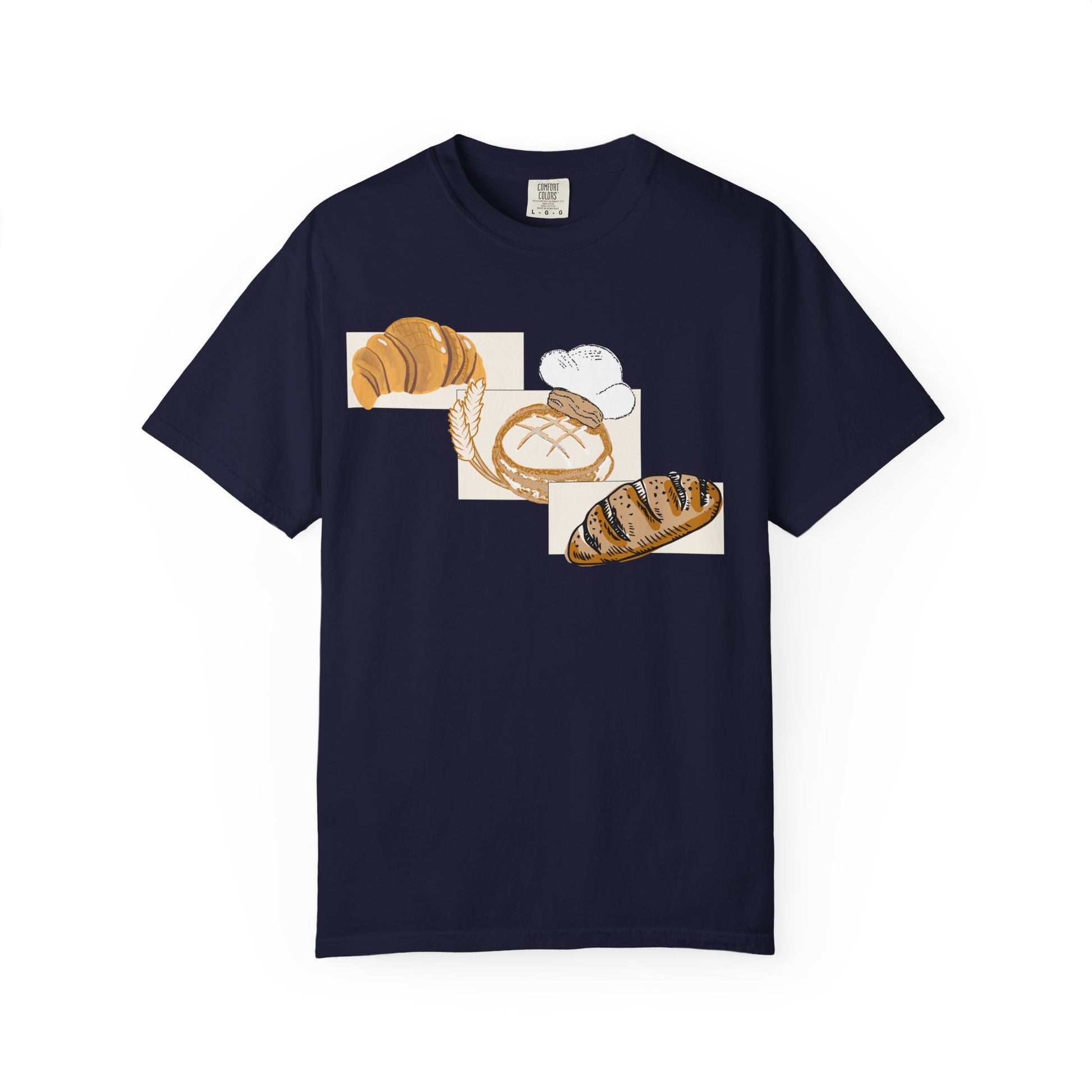 Baker gift t-shirt with artistic bread collage including baguettes and wheat stalks