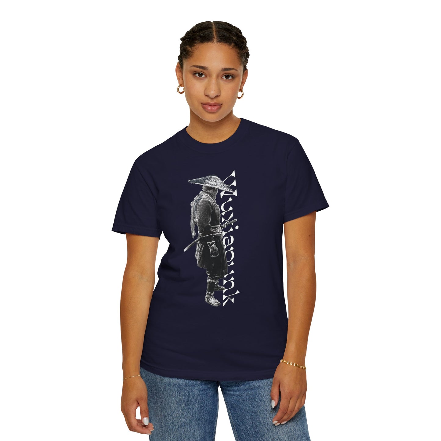 Battle worn straw hat swordsman graphic heavyweight garment dyed tee dark wuxia