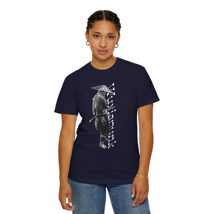 Battle worn straw hat swordsman graphic heavyweight garment dyed tee dark wuxia