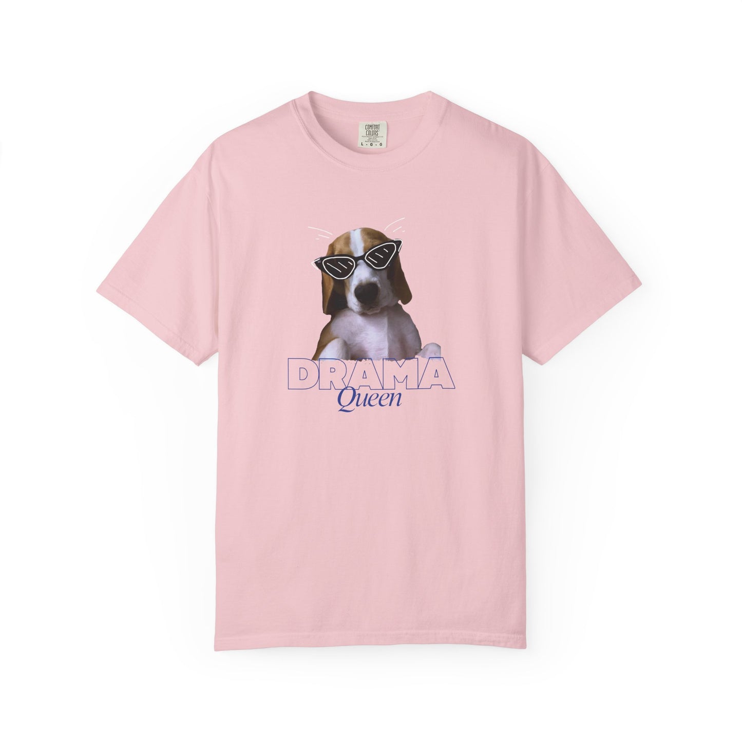 Beagle in cat-eye shades with Queen text graphic on soft ring spun cotton shirt
