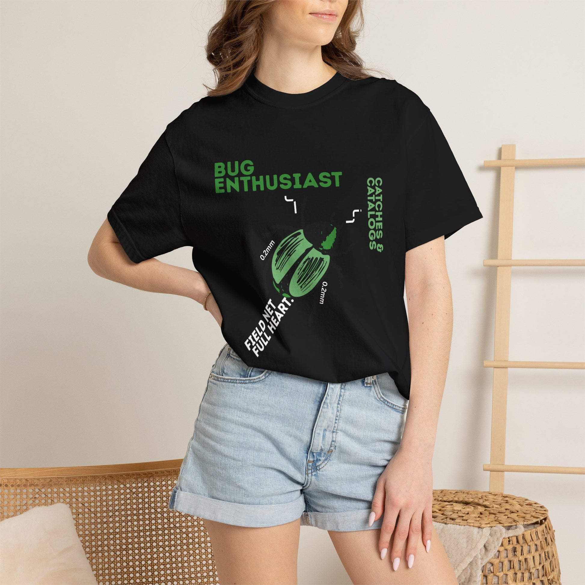 Beetle collecting themed apparel full front view on neutral background