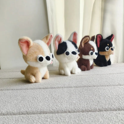 Beige and yellow chihuahua handmade plush doll sitting upright on white surface
