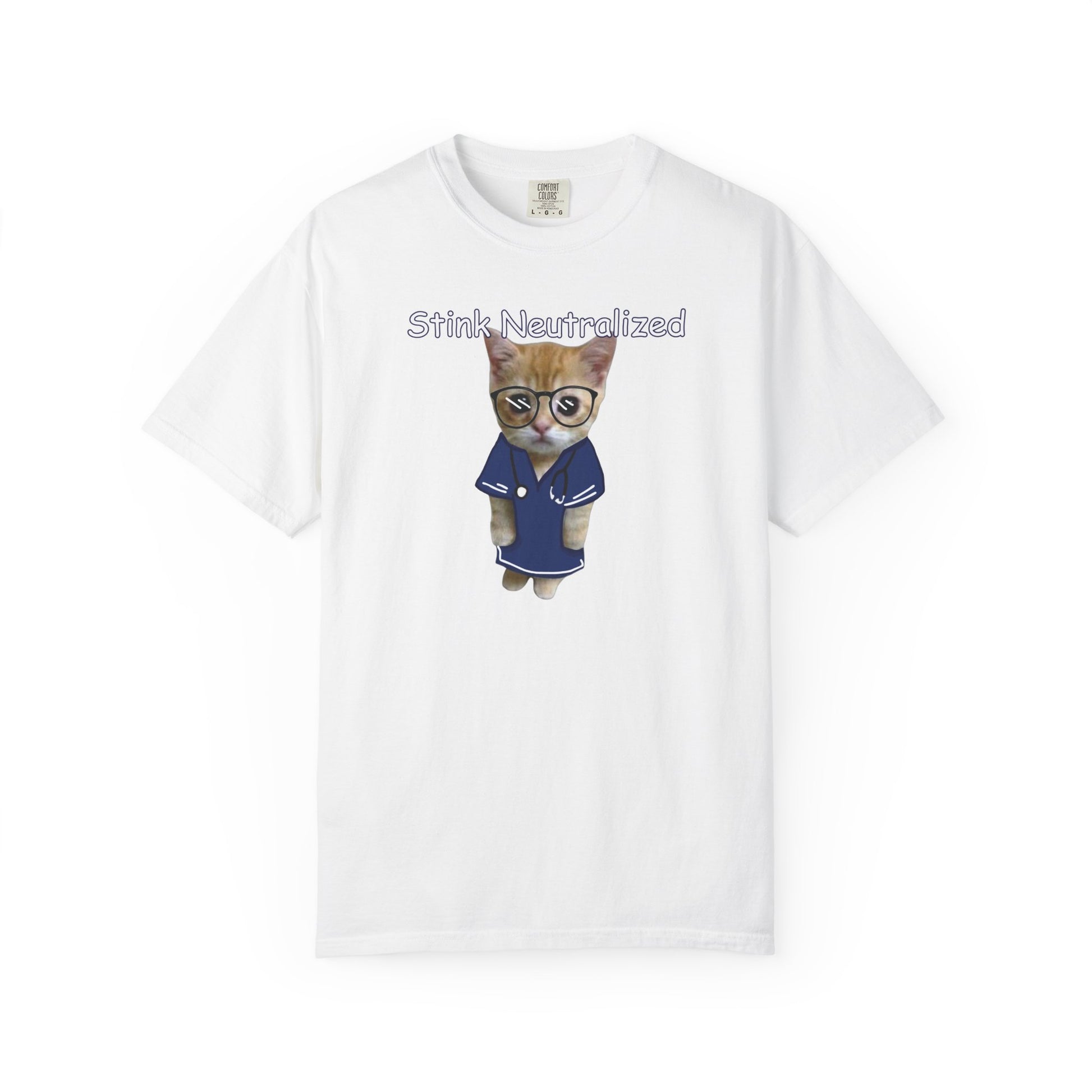Bespectacled kitten in navy robe with Stink Neutralized text on garment dyed tee