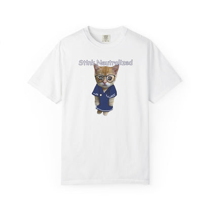 Bespectacled kitten in navy robe with Stink Neutralized text on garment dyed tee
