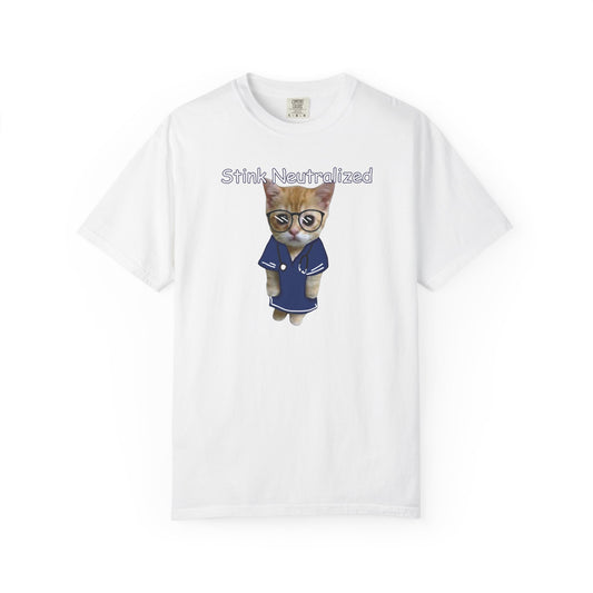Bespectacled kitten in navy robe with Stink Neutralized text on garment dyed tee