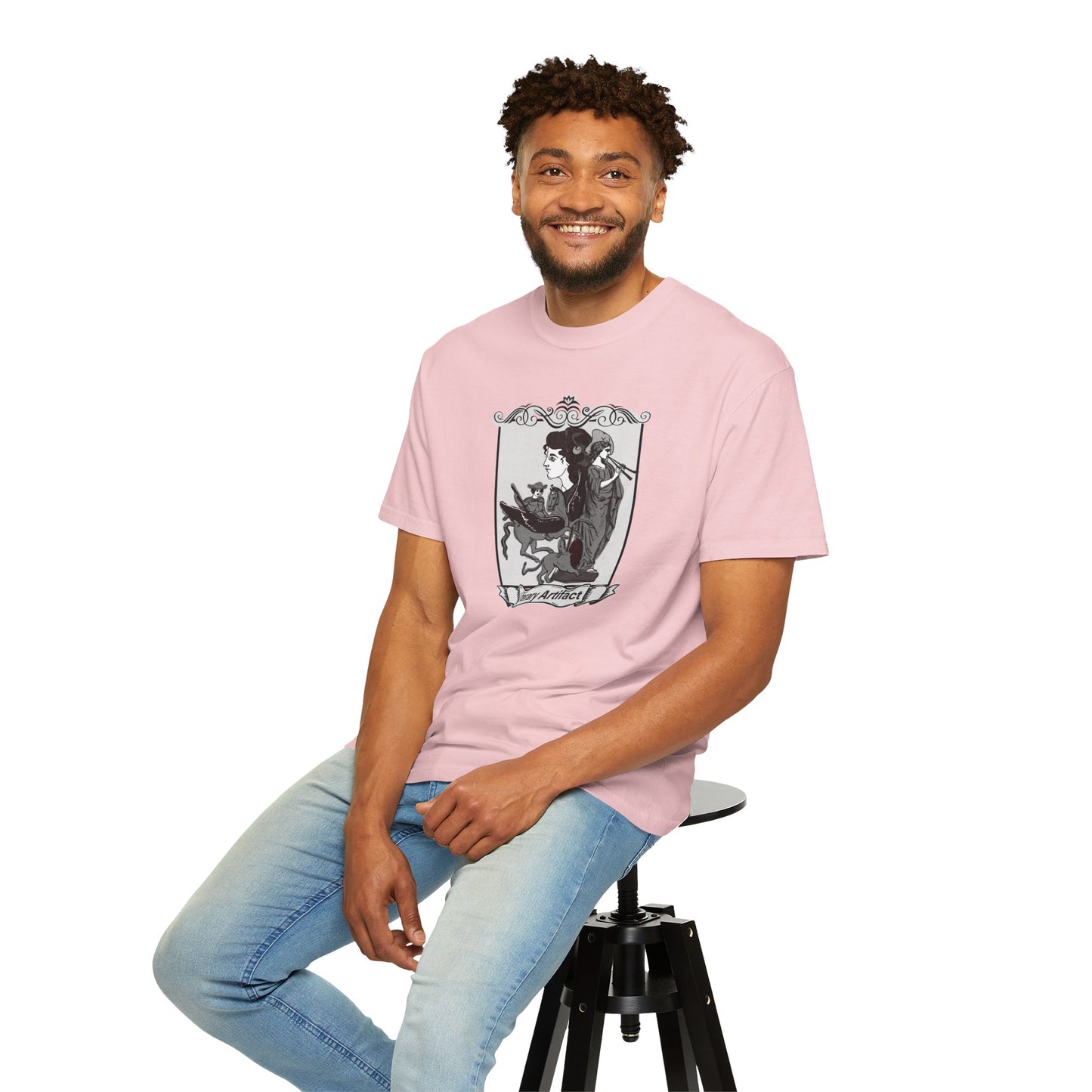 Bibliophile t shirt shown in natural light highlighting the garment dyed cotton texture and soft faded finish