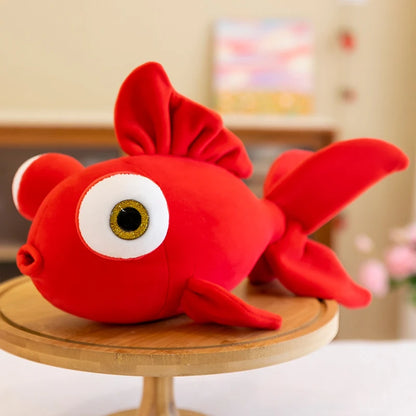 Big-eye goldfish plush 35cm and 70cm size comparison side by side