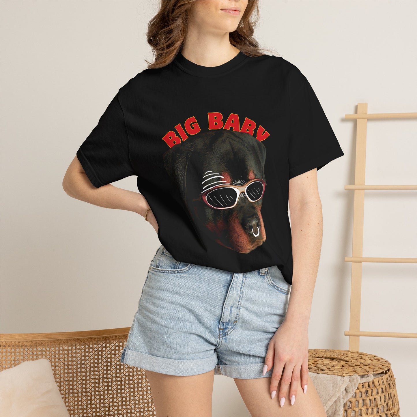Big baby Rottweiler tee worn outdoors lifestyle shot showing relaxed unisex fit