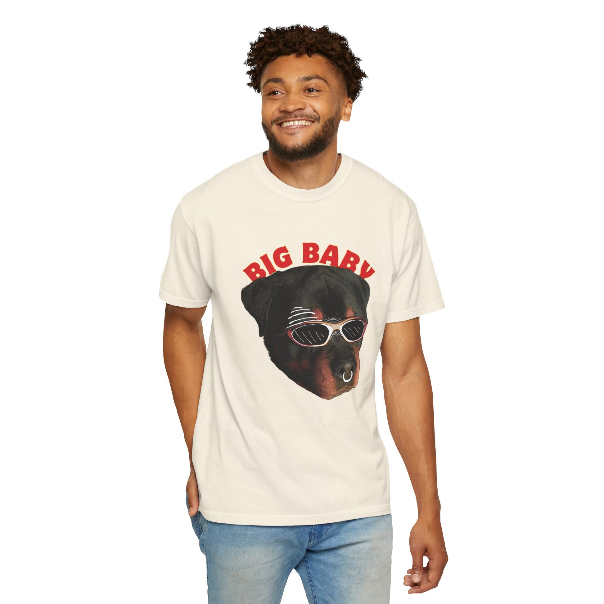 Big baby Rottweiler unisex tee back view showing length and sleeve detail