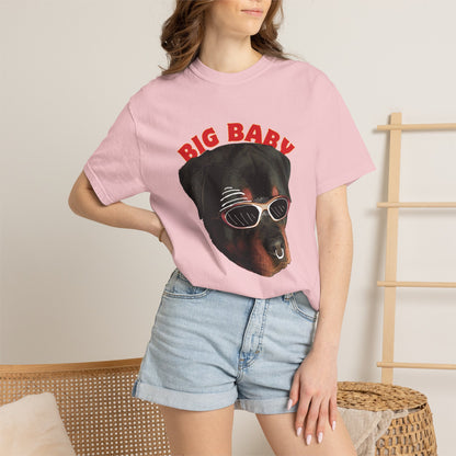 Big baby dog tee unisex oversized fit back view on male model neutral background
