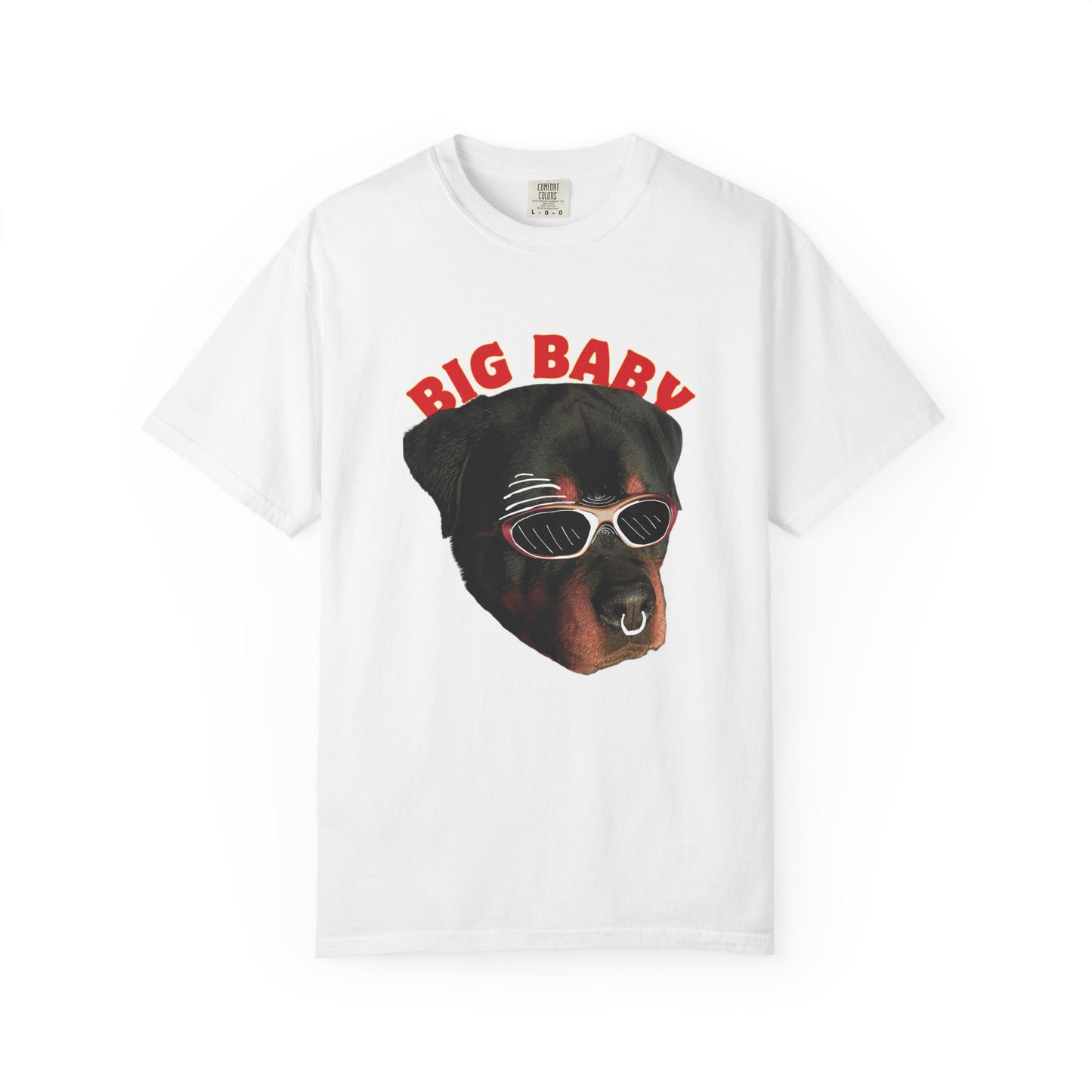 Big baby printed unisex tee featuring a Rottweiler with retro sunglasses and septum ring
