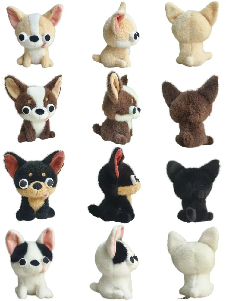 Big eyed stuffed dog chihuahua black and brown desk decor flat lay