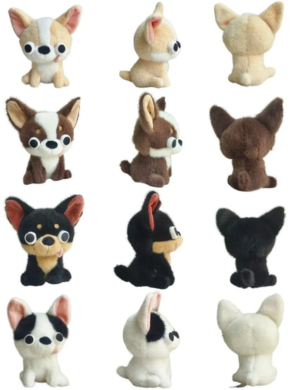 Big eyed stuffed dog chihuahua black and brown desk decor flat lay