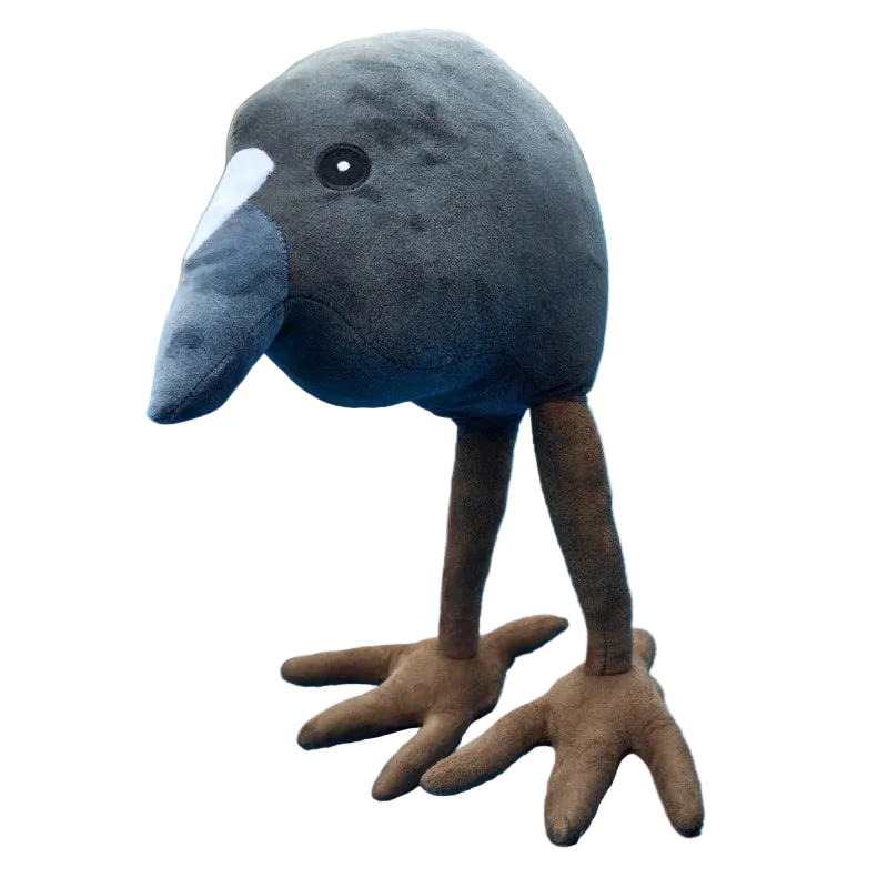Big feet bird meme plush displayed on shelf alongside other plush figures