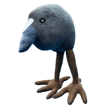 Big feet bird meme plush displayed on shelf alongside other plush figures