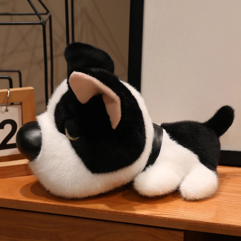 Big nose cartoon dog plush dark brown pug face detail shot