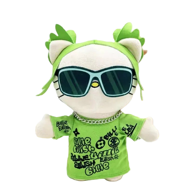 Billie Eilish Hello Kitty plush in neon green outfit.